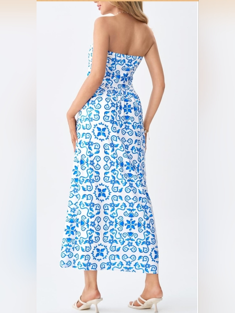 Strapless Blue White Floral Maxi Dress Size 12 Boho Summer Vacation Beach - Picture 5 of 5